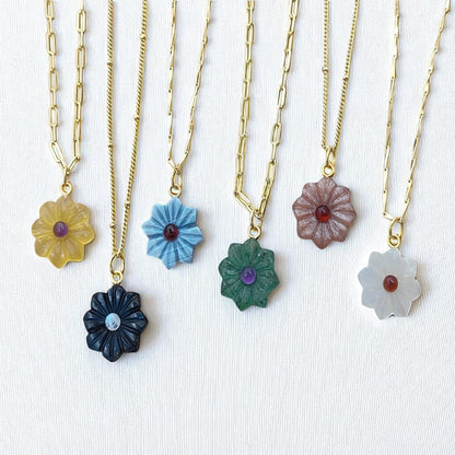 Handcarved Flower Gemstone Necklace Double Inlay Gemstone Pendant for Women Thanksgiving Jewelry Gift- Selling Per Piece