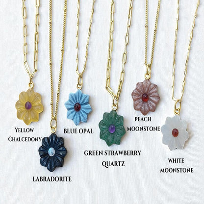 Handcarved Flower Gemstone Necklace Double Inlay Gemstone Pendant for Women Thanksgiving Jewelry Gift- Selling Per Piece