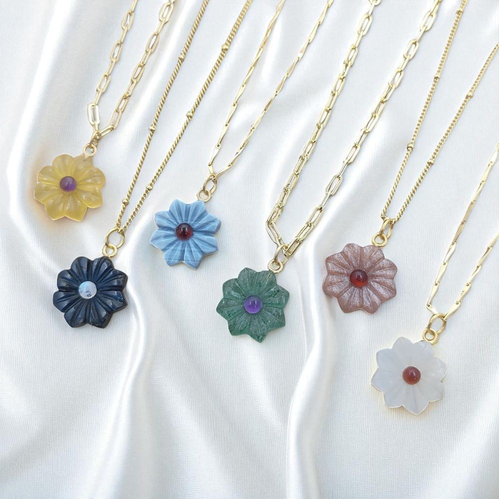 Handcarved Flower Gemstone Necklace Double Inlay Gemstone Pendant for Women Thanksgiving Jewelry Gift- Selling Per Piece