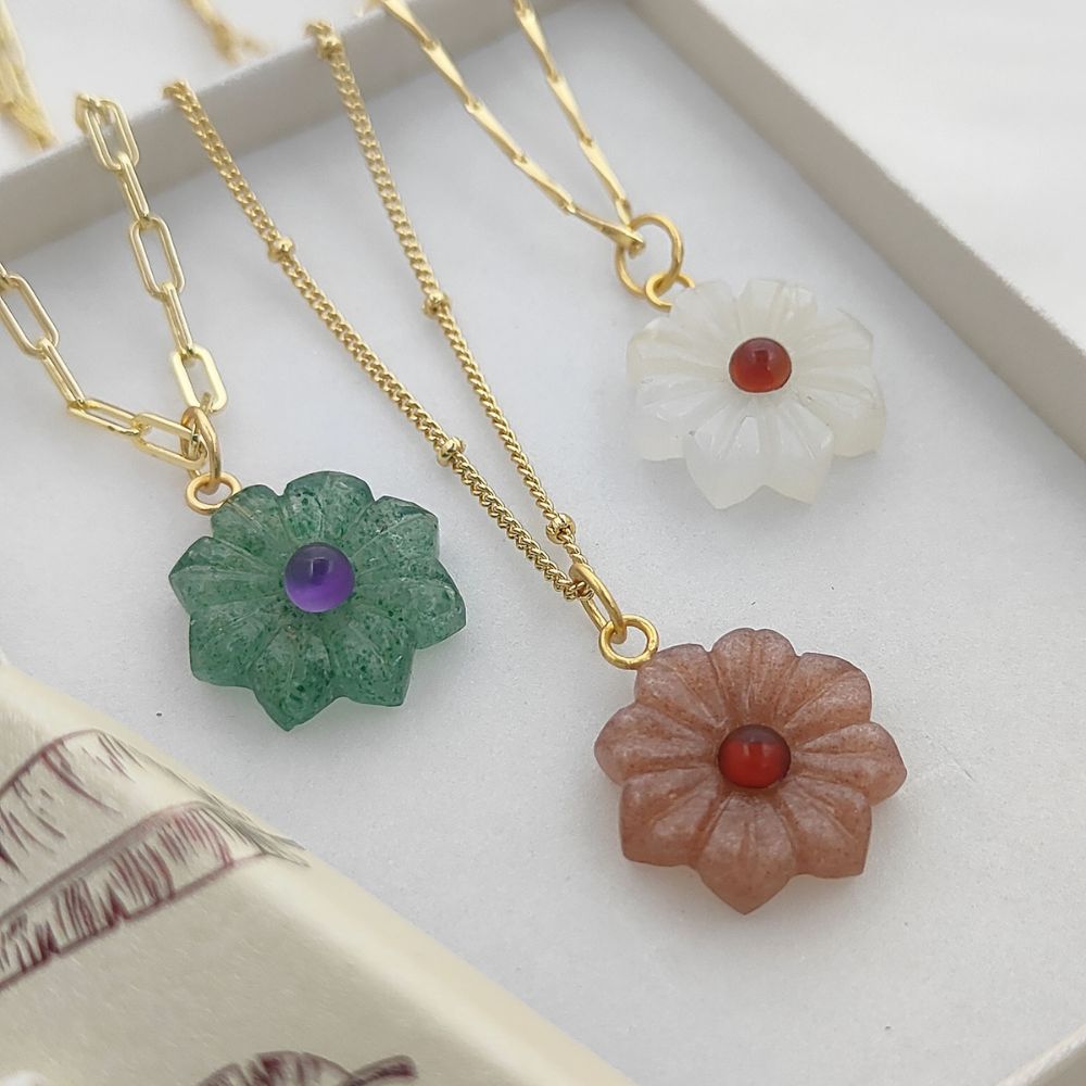 Handcarved Flower Gemstone Necklace Double Inlay Gemstone Pendant for Women Thanksgiving Jewelry Gift- Selling Per Piece