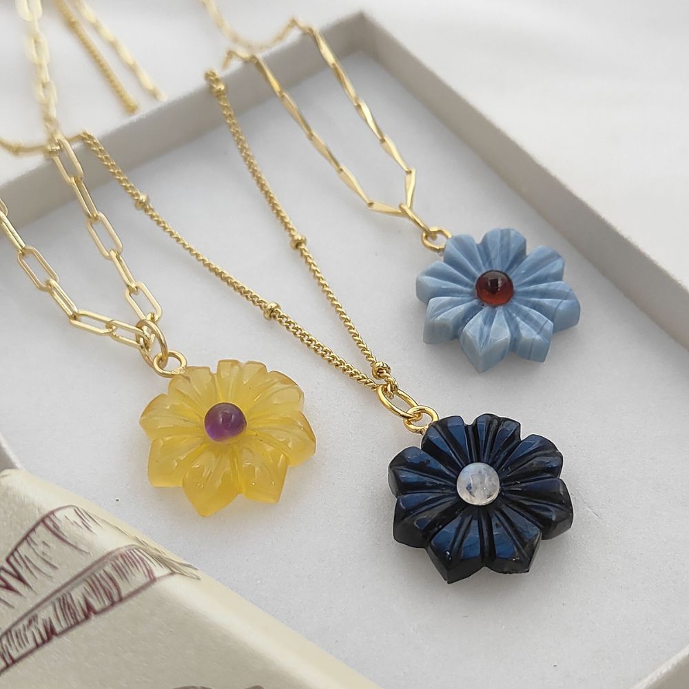 Handcarved Flower Gemstone Necklace Double Inlay Gemstone Pendant for Women Thanksgiving Jewelry Gift- Selling Per Piece