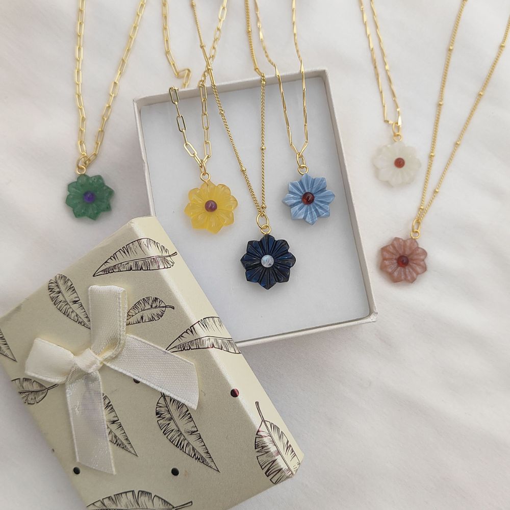 Handcarved Flower Gemstone Necklace Double Inlay Gemstone Pendant for Women Thanksgiving Jewelry Gift- Selling Per Piece