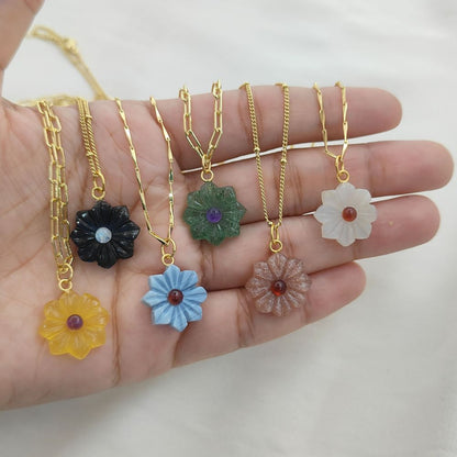 Handcarved Flower Gemstone Necklace Double Inlay Gemstone Pendant for Women Thanksgiving Jewelry Gift- Selling Per Piece