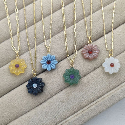 Handcarved Flower Gemstone Necklace Double Inlay Gemstone Pendant for Women Thanksgiving Jewelry Gift- Selling Per Piece