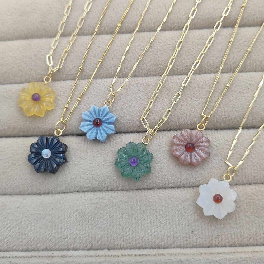 Handcarved Flower Gemstone Necklace Double Inlay Gemstone Pendant for Women Thanksgiving Jewelry Gift- Selling Per Piece