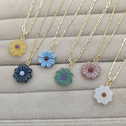 Handcarved Flower Gemstone Necklace Double Inlay Gemstone Pendant for Women Thanksgiving Jewelry Gift- Selling Per Piece
