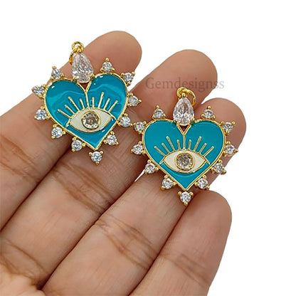 DIY necklace and bracelet charm, blue heart evil eye pendant