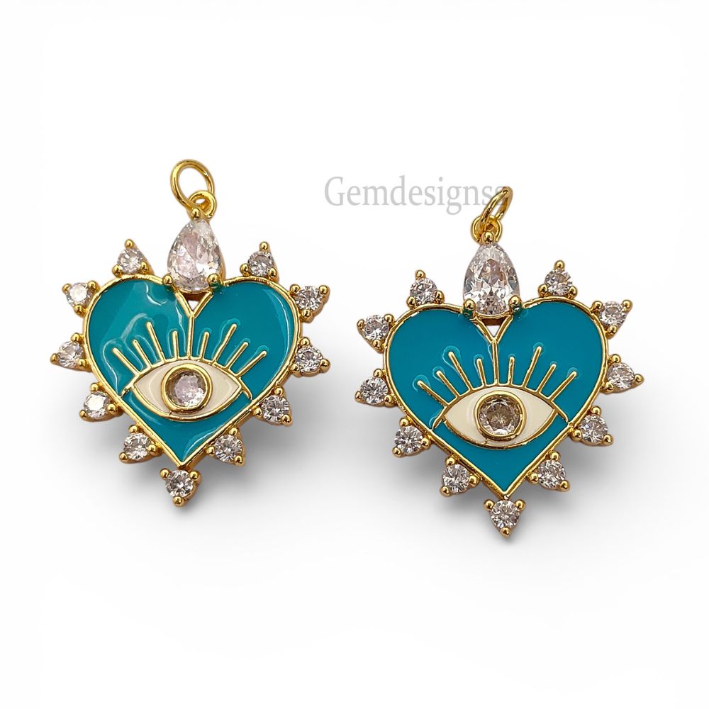 Handmade gold filled heart evil eye charm with blue enamel