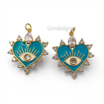 Handmade gold filled heart evil eye charm with blue enamel