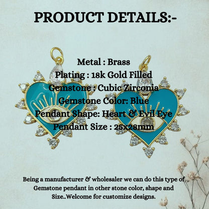 Blue enamel heart evil eye pendant with micropave CZ for DIY jewelry