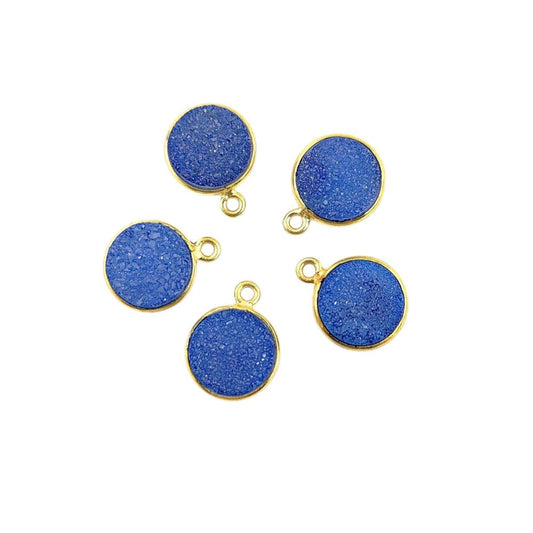 Handcrafted Blue Druzy Round Pendant Gold Plated Gemstone Charm for Boho & Healing Jewelry- Selling Per Piece