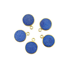 Handcrafted Blue Druzy Round Pendant Gold Plated Gemstone Charm for Boho & Healing Jewelry- Selling Per Piece