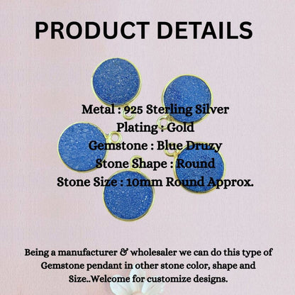 Handcrafted Blue Druzy Round Pendant Gold Plated Gemstone Charm for Boho & Healing Jewelry- Selling Per Piece