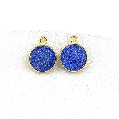 Handcrafted Blue Druzy Round Pendant Gold Plated Gemstone Charm for Boho & Healing Jewelry- Selling Per Piece