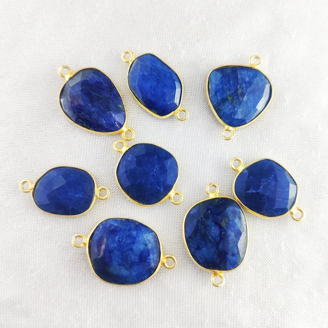 12–15mm Blue Sapphire Free Form Connector Gold Bezel Gemstone Charm for Handmade Jewelry- Selling Per Piece