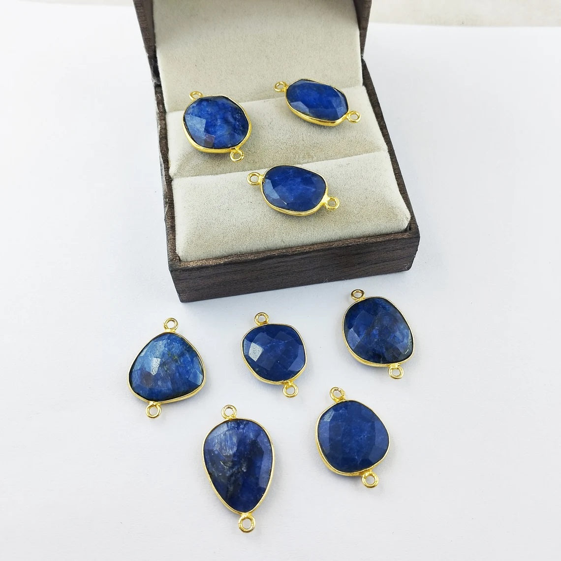 12–15mm Blue Sapphire Free Form Connector Gold Bezel Gemstone Charm for Handmade Jewelry- Selling Per Piece