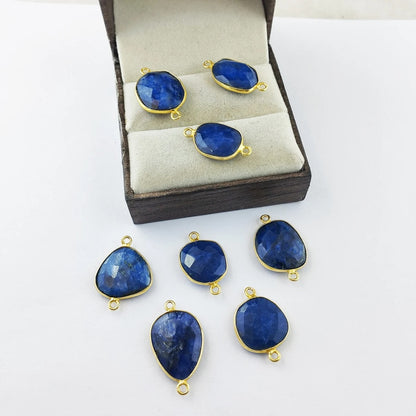 12–15mm Blue Sapphire Free Form Connector Gold Bezel Gemstone Charm for Handmade Jewelry- Selling Per Piece