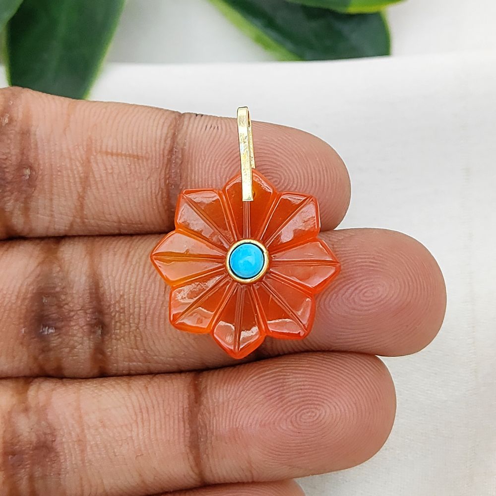 Handcrafted Carnelian Gemstone Flower Pendant Natural Stone Jewelry Charm with Gold-Plated 925 Sterling Silver Pinch Loop- Selling Per Piece