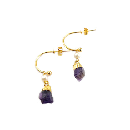 February Birthstone Amethyst Hoop Earrings Raw Purple Gemstone with Pearl 925 Sterling Silver Dangle Earrings Jewelry- Selling Per Pair