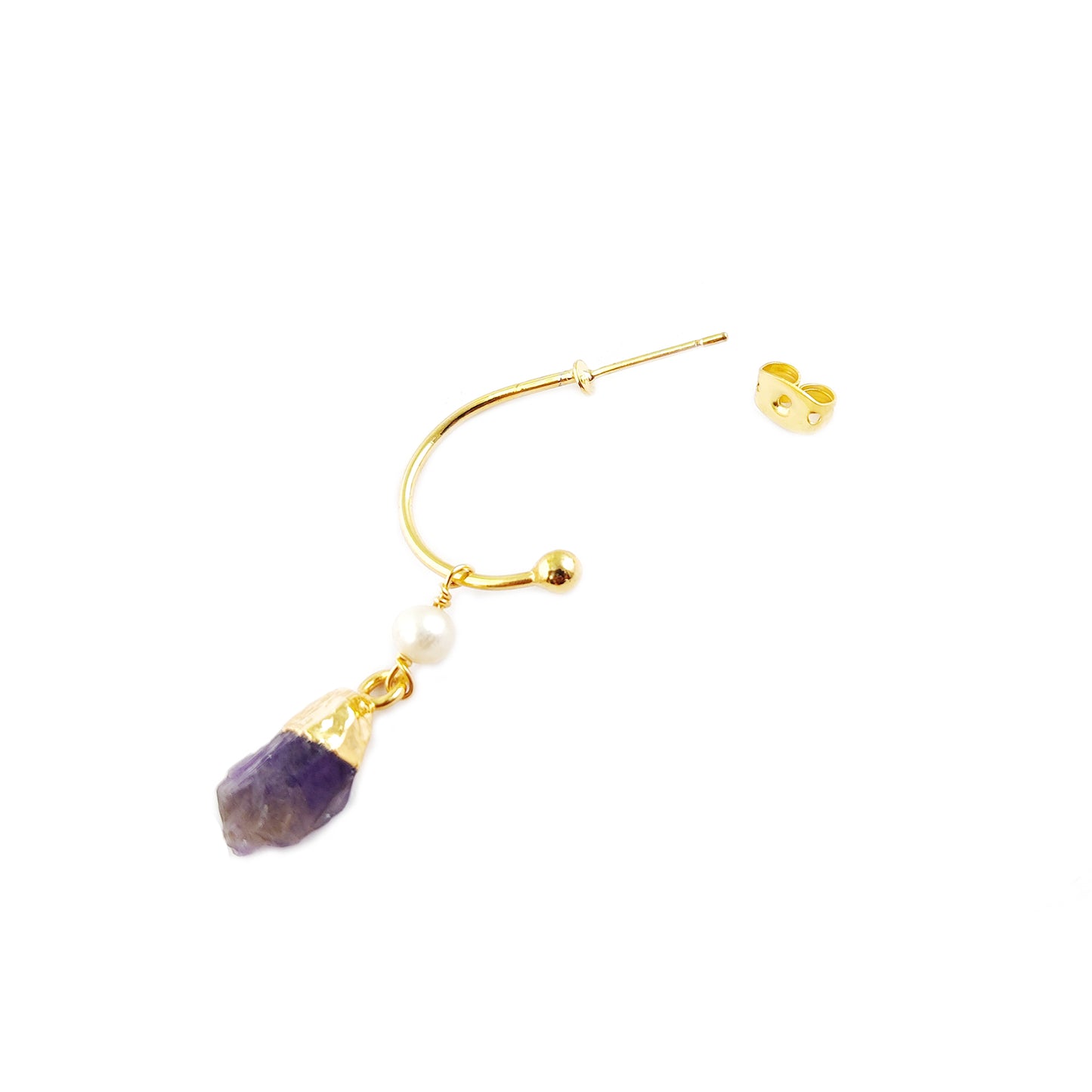 February Birthstone Amethyst Hoop Earrings Raw Purple Gemstone with Pearl 925 Sterling Silver Dangle Earrings Jewelry- Selling Per Pair