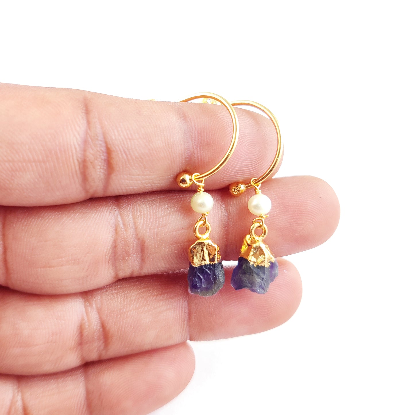 February Birthstone Amethyst Hoop Earrings Raw Purple Gemstone with Pearl 925 Sterling Silver Dangle Earrings Jewelry- Selling Per Pair