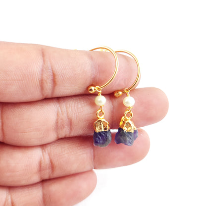 February Birthstone Amethyst Hoop Earrings Raw Purple Gemstone with Pearl 925 Sterling Silver Dangle Earrings Jewelry- Selling Per Pair