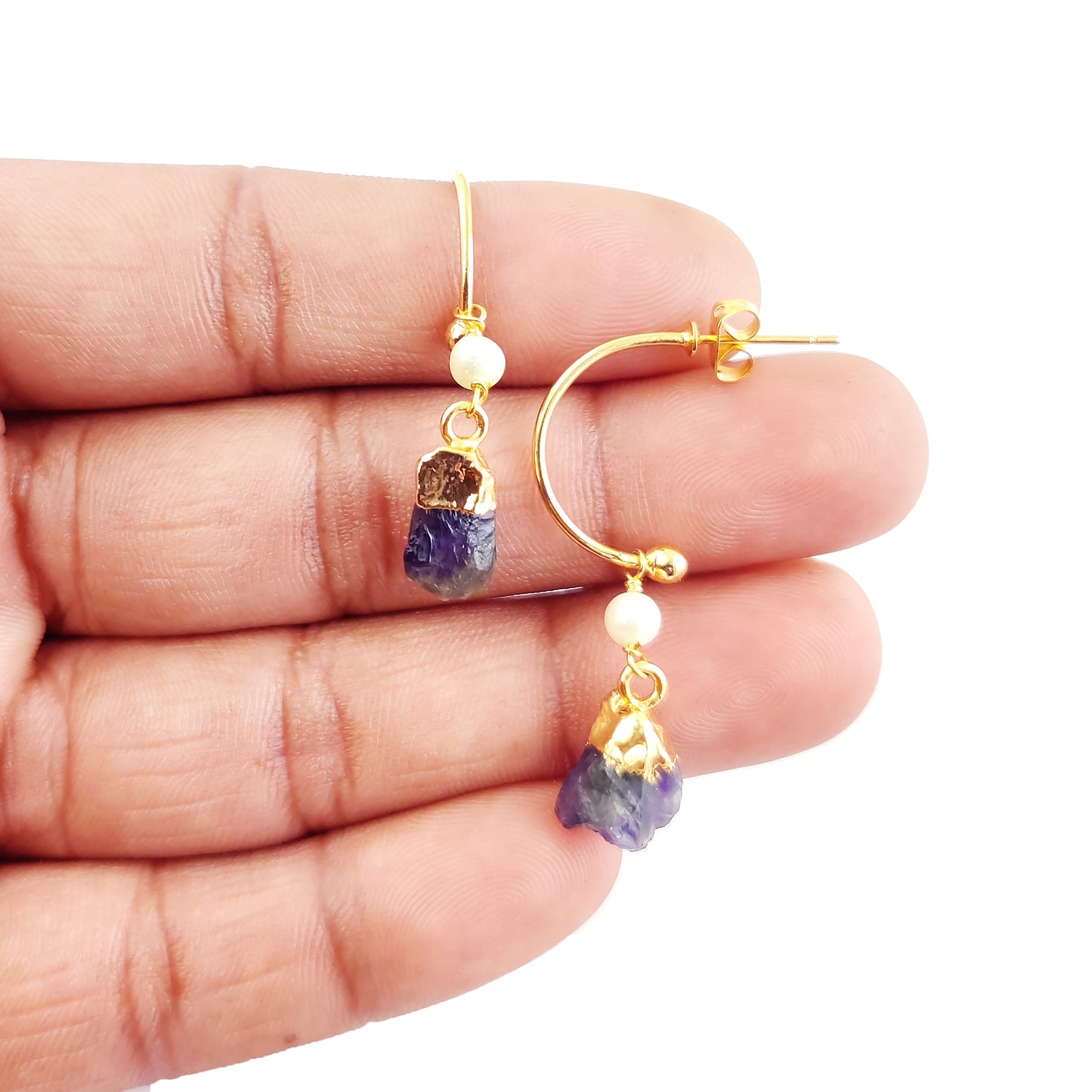 February Birthstone Amethyst Hoop Earrings Raw Purple Gemstone with Pearl 925 Sterling Silver Dangle Earrings Jewelry- Selling Per Pair