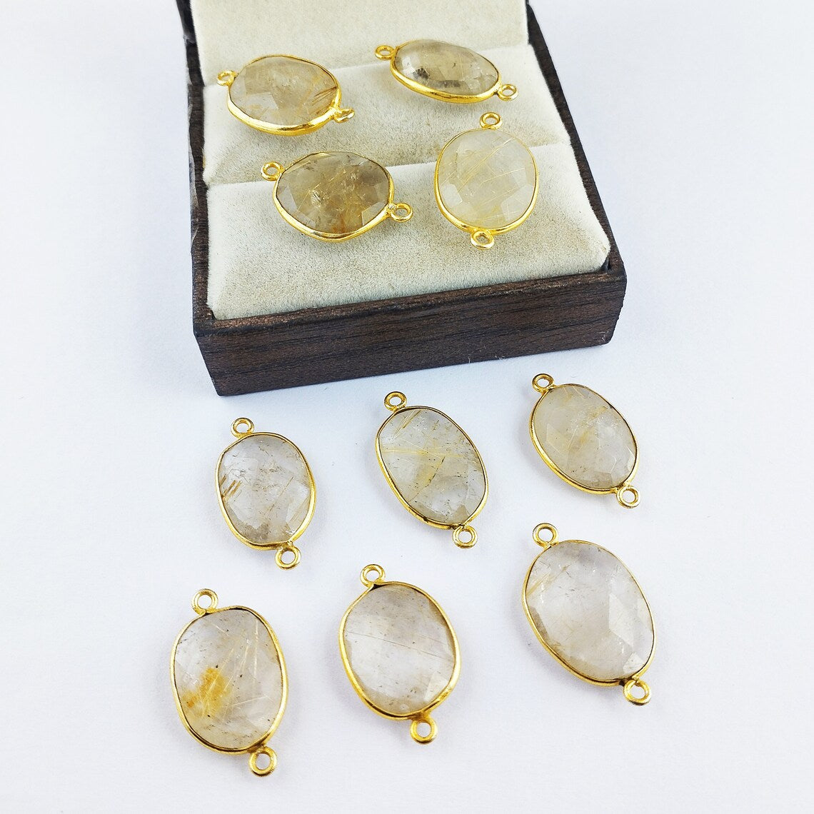 12–15mm Golden Rutile Quartz Free Form Bezel Connector, Gold Plated Natural Crystal Charm for Handmade Jewelry- Selling Per Piece