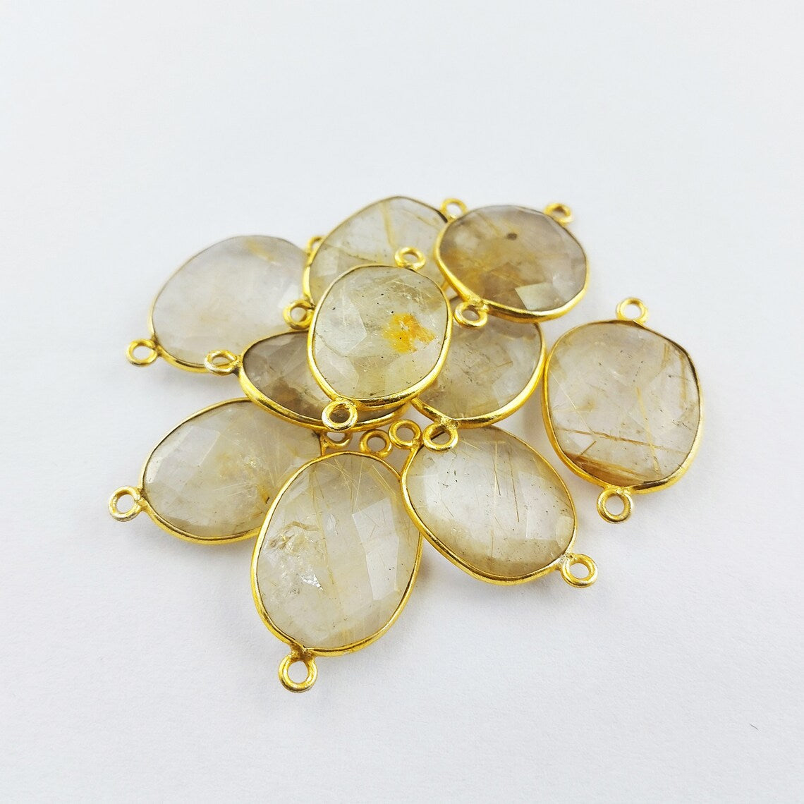 12–15mm Golden Rutile Quartz Free Form Bezel Connector, Gold Plated Natural Crystal Charm for Handmade Jewelry- Selling Per Piece