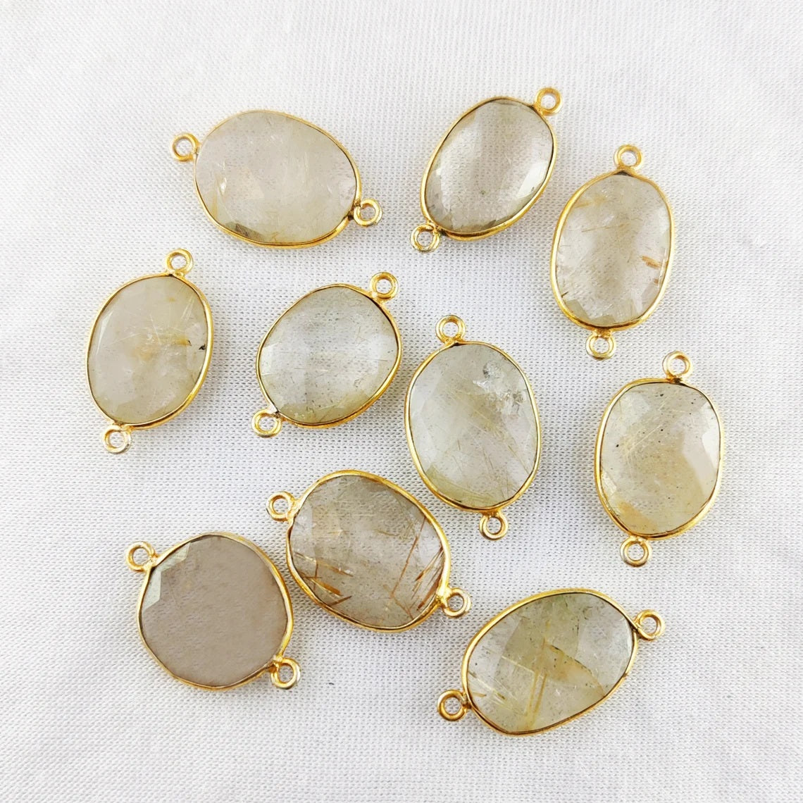 12–15mm Golden Rutile Quartz Free Form Bezel Connector, Gold Plated Natural Crystal Charm for Handmade Jewelry- Selling Per Piece