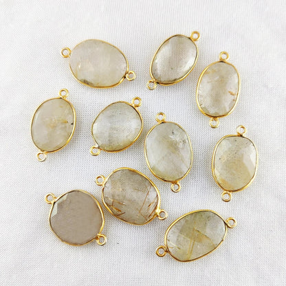 12–15mm Golden Rutile Quartz Free Form Bezel Connector, Gold Plated Natural Crystal Charm for Handmade Jewelry- Selling Per Piece