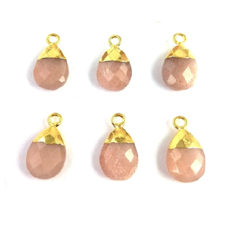 Gold Electroplated 13x9mm Peach Moonstone Teardrop Pendant Handcrafted Gemstone Charm
