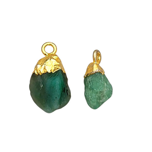 Handcrafted Raw Emerald Pendant Gold Electroplated Cap May Birthstone Charm for Boho Jewelry- Selling Per Piece
