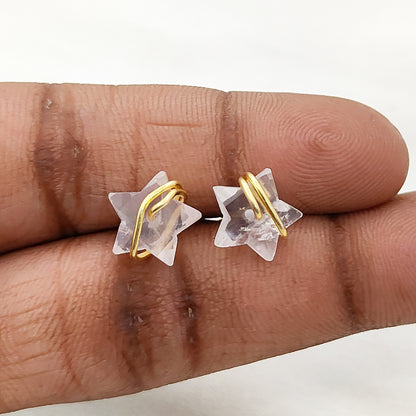 Handcrafted Rose Quartz Star Stud Earrings 10mm Gold Plated Sterling Silver Crystal Jewelry- Selling Per Piece