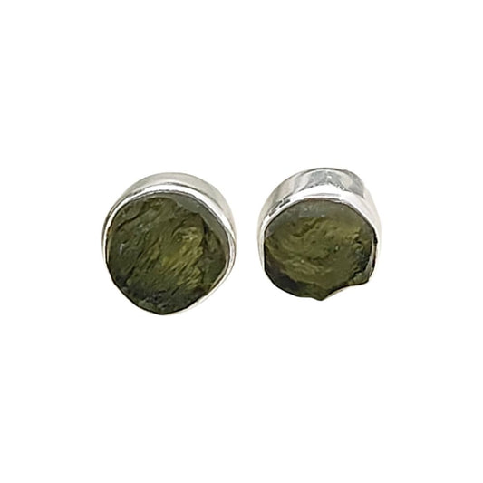 Handcrafted Round Shape Raw Moldavite Sterling Silver Stud Unique Natural Gemstone Minimalist Jewelry- Selling Per Pair