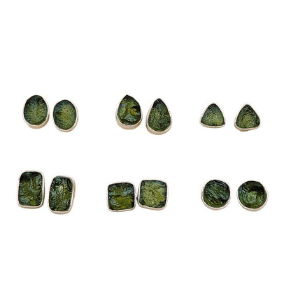 Handcrafted Round Shape Raw Moldavite Sterling Silver Stud Unique Natural Gemstone Minimalist Jewelry- Selling Per Pair