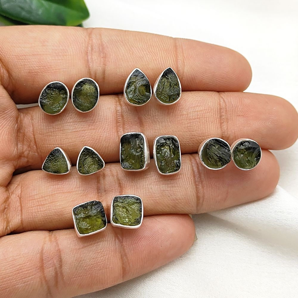 Handcrafted Round Shape Raw Moldavite Sterling Silver Stud Unique Natural Gemstone Minimalist Jewelry- Selling Per Pair