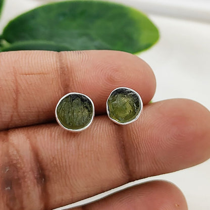 Handcrafted Round Shape Raw Moldavite Sterling Silver Stud Unique Natural Gemstone Minimalist Jewelry- Selling Per Pair
