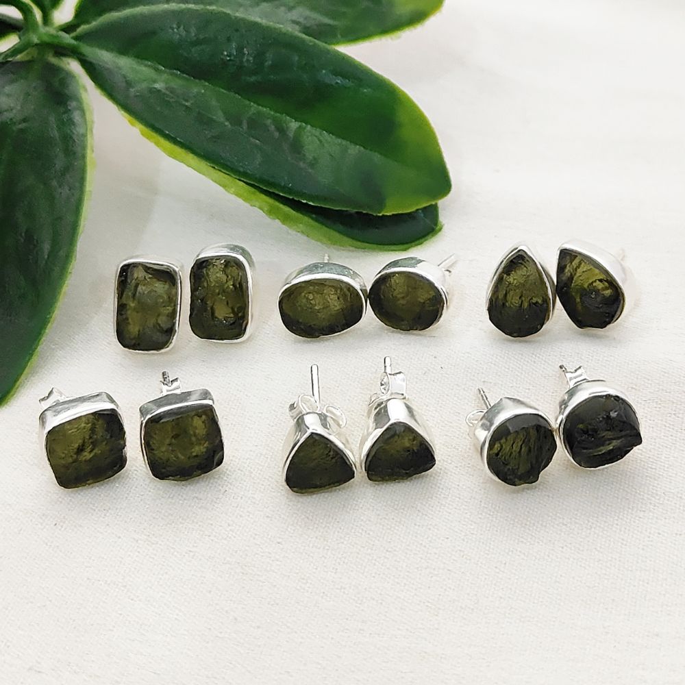 Handcrafted Round Shape Raw Moldavite Sterling Silver Stud Unique Natural Gemstone Minimalist Jewelry- Selling Per Pair