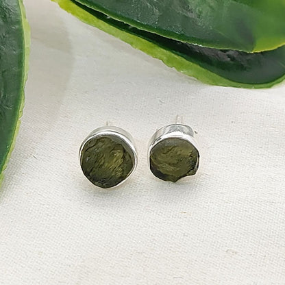 Handcrafted Round Shape Raw Moldavite Sterling Silver Stud Unique Natural Gemstone Minimalist Jewelry- Selling Per Pair