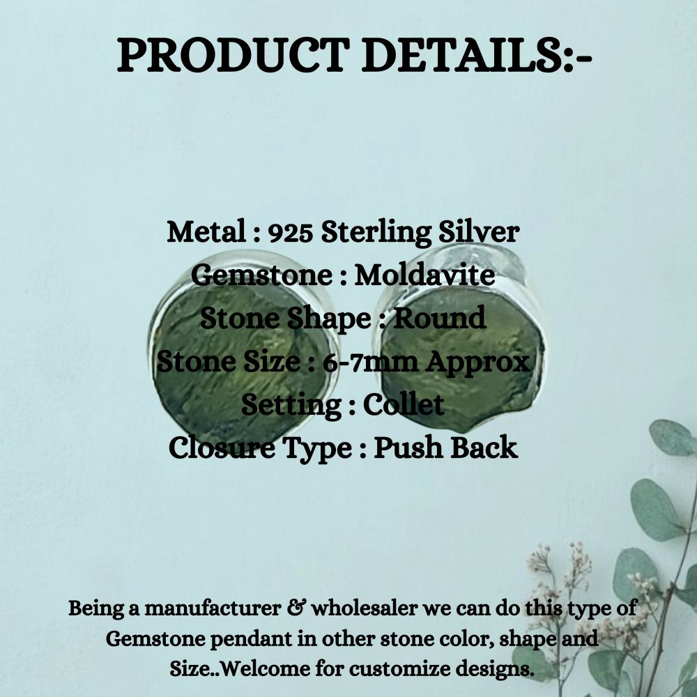 Handcrafted Round Shape Raw Moldavite Sterling Silver Stud Unique Natural Gemstone Minimalist Jewelry- Selling Per Pair