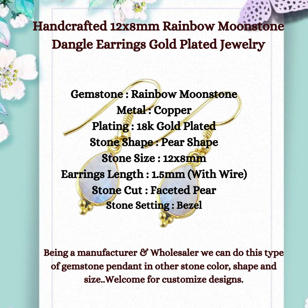 Handcrafted 12x8mm Rainbow Moonstone Dangle Earrings Gold Plated Jewelry for Special Occasions- Selling Per Piece