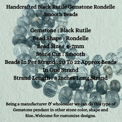 Handcrafted Black Rutile Gemstone Rondelle Smooth Beads