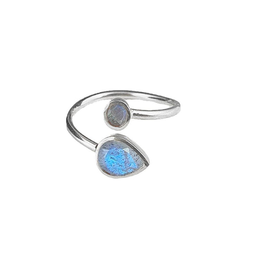 Handcrafted 925 sterling silver adjustable ring with two labradorite gemstones, dainty jewelry gift for her
