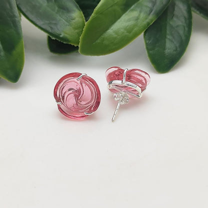Handcrafted Pink Quartz Rose Stud Earrings in 925 Sterling Silver Delicate Floral Design Perfect Gift- Selling Per Pair