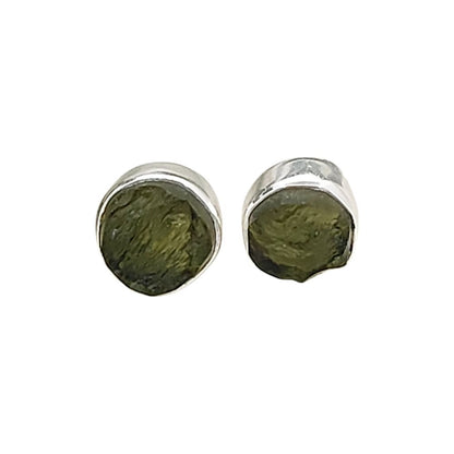 Authentic Raw Moldavite Stud Earrings Handmade Sterling Silver Minimalist Collet Set Push Back Closure Gemstone Jewelry for Women- Selling Per Pair