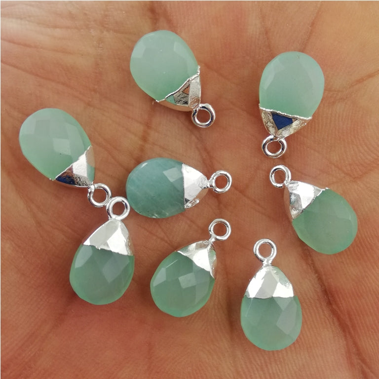 Pear Shape 13×9mm Aqua Chalcedony Teardrop Pendant Handmade Silver Electroplated Natural Gemstone Charm for Necklace, Bracelet & Earrings– Selling Per Piece