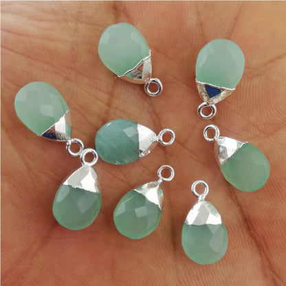 Pear Shape 13×9mm Aqua Chalcedony Teardrop Pendant Handmade Silver Electroplated Natural Gemstone Charm for Necklace, Bracelet & Earrings– Selling Per Piece
