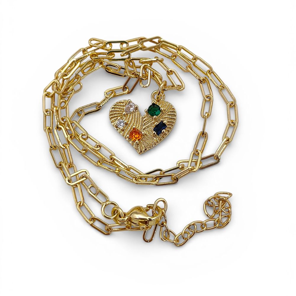 Handmade 18K Gold Filled Love Heart Necklace Colorful Micropavé CZ Textured Pendant for Women – Selling Per Necklace