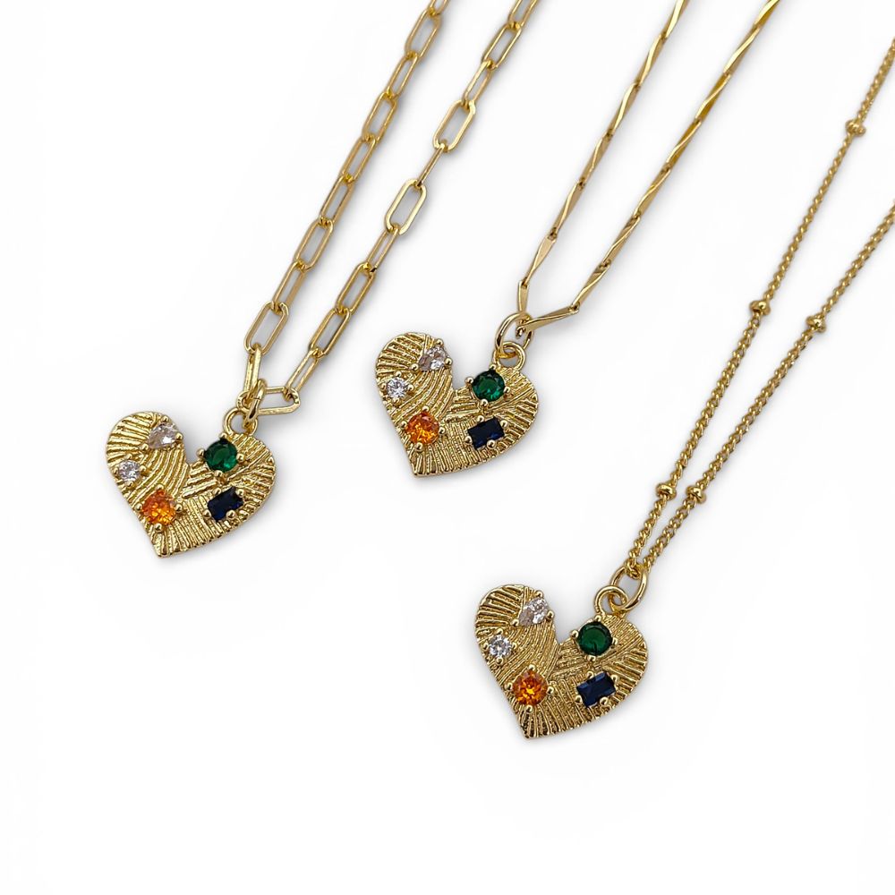 Handmade 18K Gold Filled Love Heart Necklace Colorful Micropavé CZ Textured Pendant for Women – Selling Per Necklace